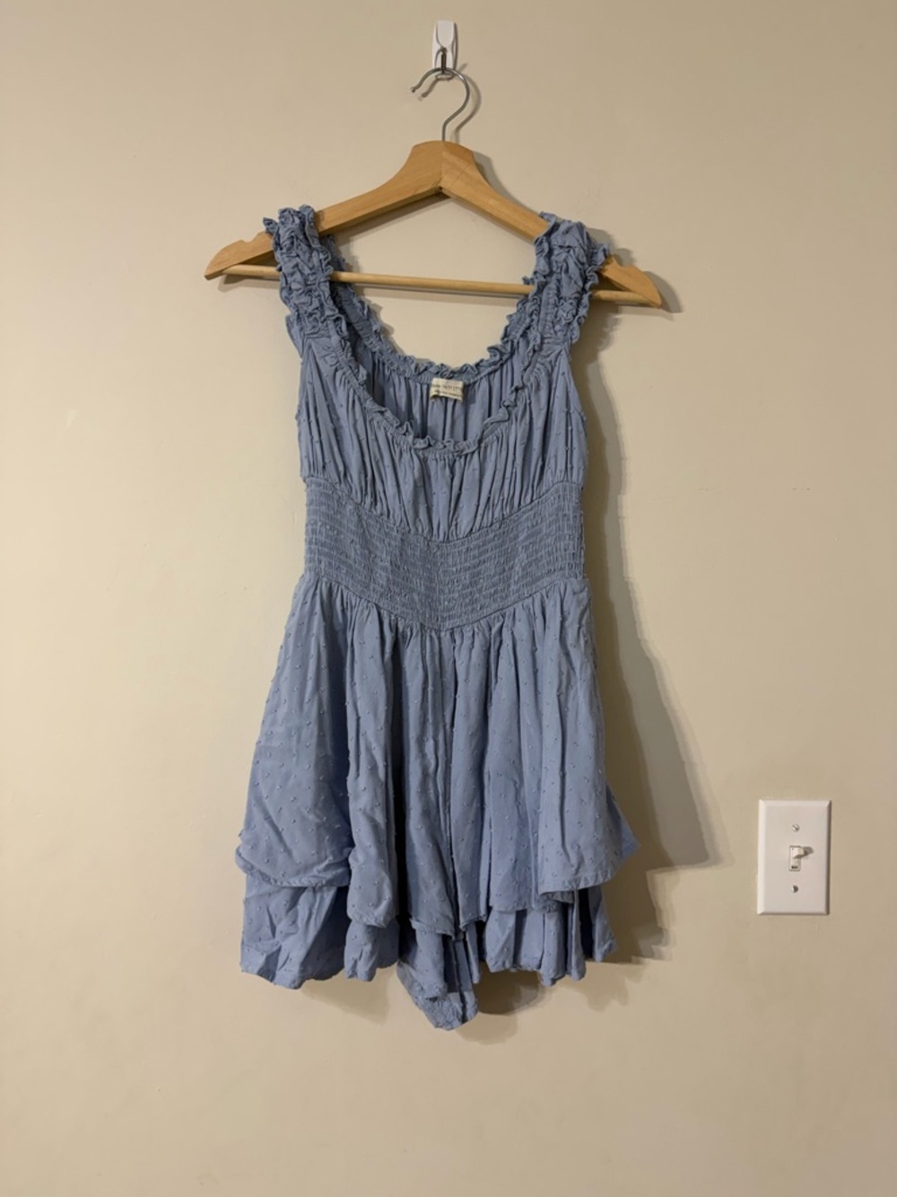Urban Outfitters Blue Smocked Swiss Dot Ruffled Romper size S